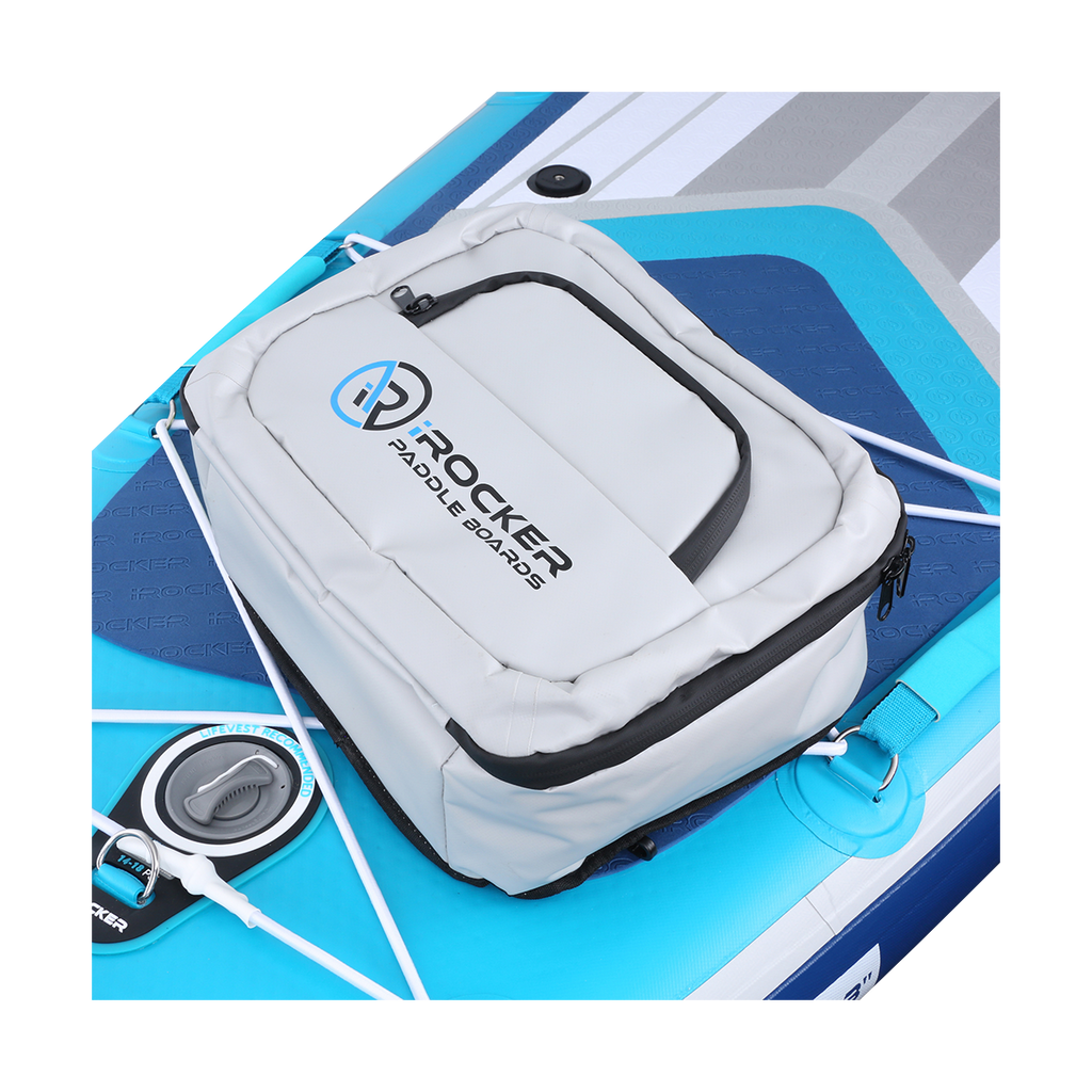 Deck Bag Cooler gray attached to the back bungee of irocker paddle board